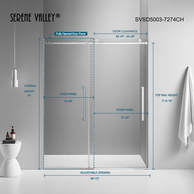 Serene Valley 72 x 74 Inch Square Rail Frameless Sliding Shower Door, Chrome