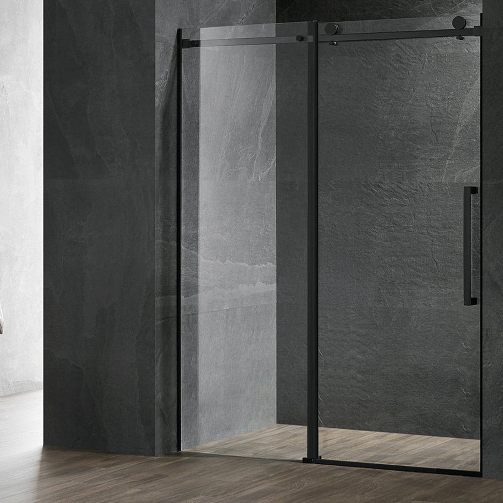 Serene Valley 68 x 74 Inch Square Rail Frameless Sliding Shower Door, Black - VMInnovations
