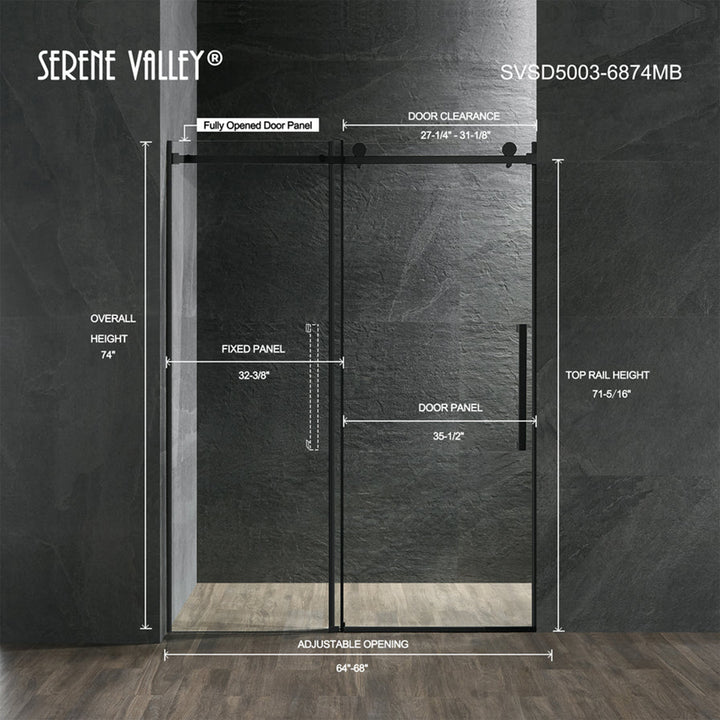 Serene Valley 68 x 74 Inch Square Rail Frameless Sliding Shower Door, Black