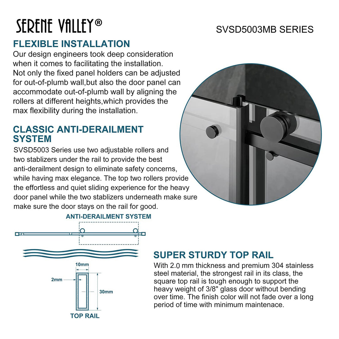 Serene Valley 52"x74" Square Rail Frameless Sliding Shower Door, Black(Open Box) - VMInnovations