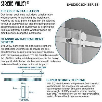 Serene Valley 60 x 74 Inch Square Rail Frameless Sliding Shower Door, Chrome