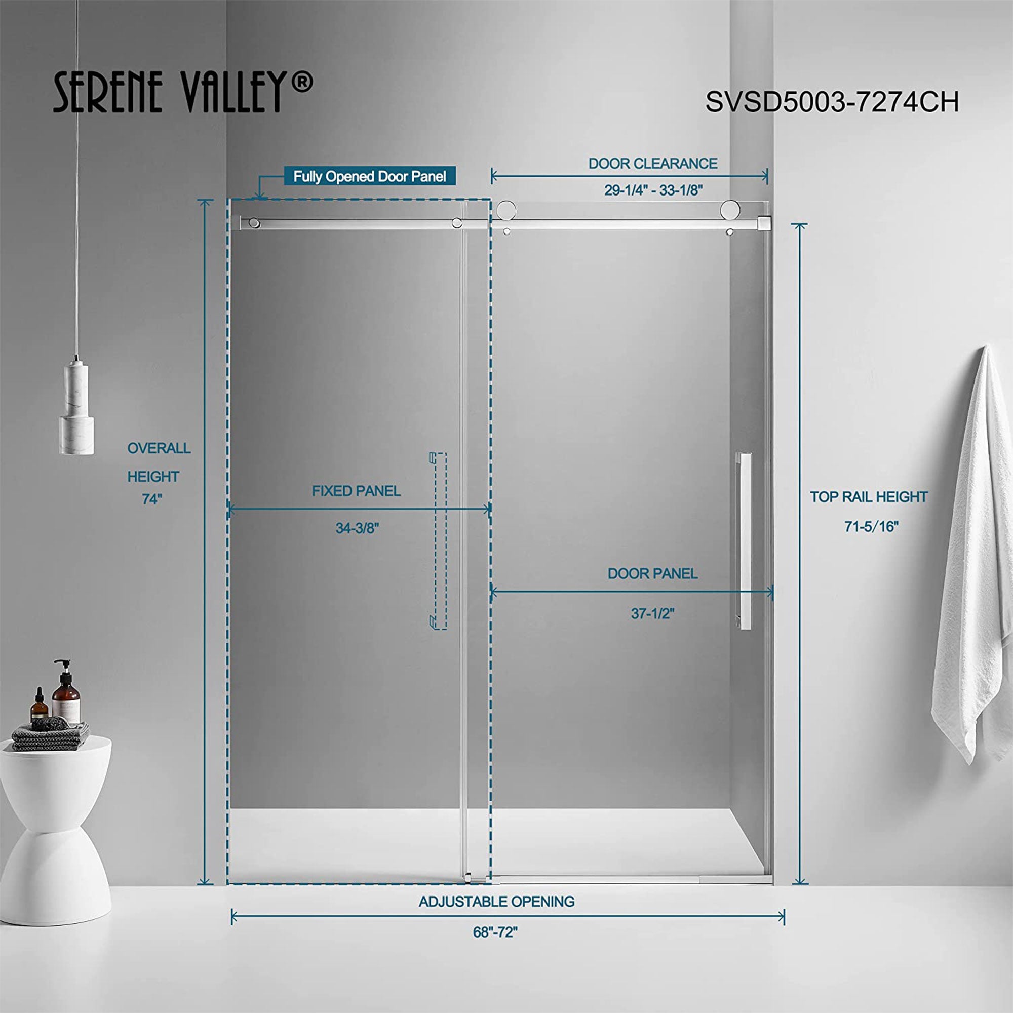Serene Valley 60 x 74 Inch Square Rail Frameless Sliding Shower Door, Chrome