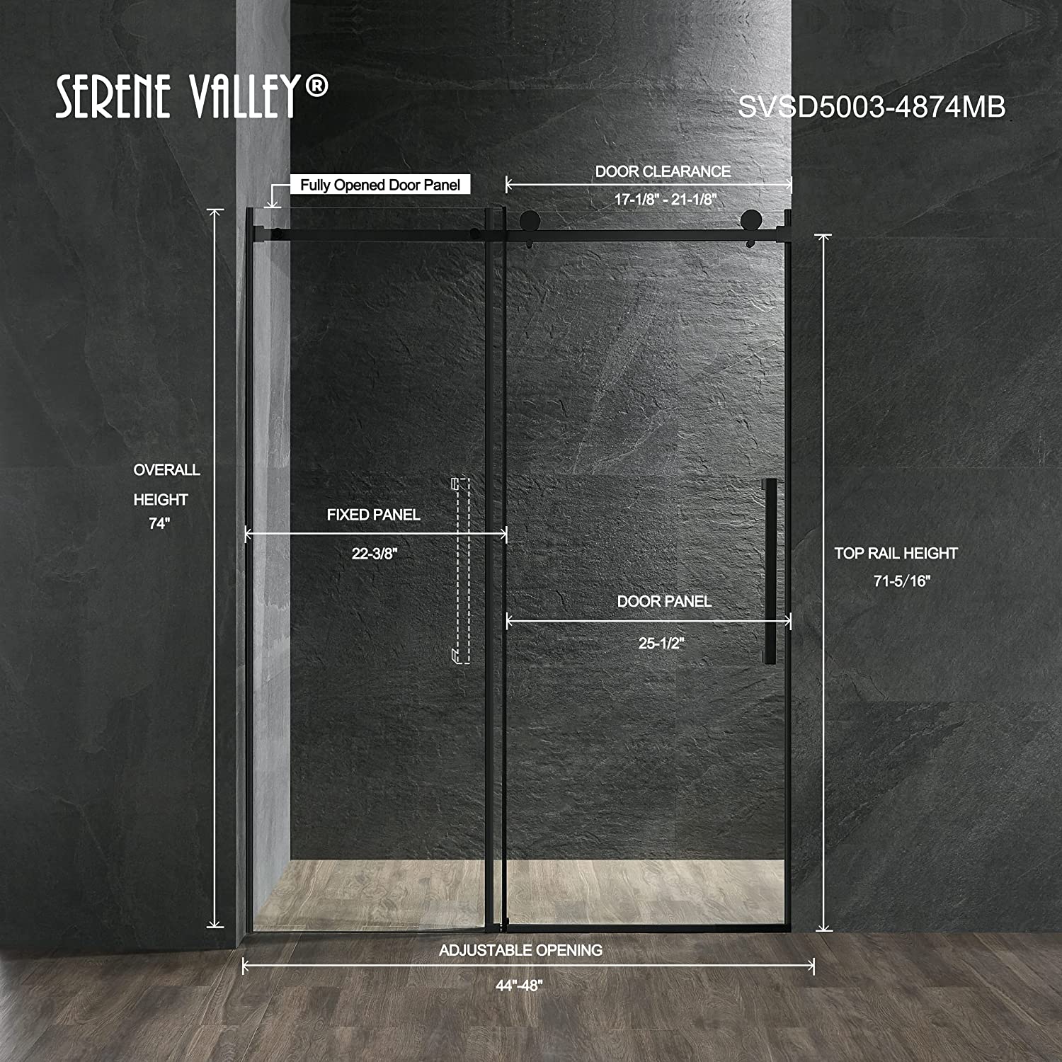 Serene Valley 48 x 74 Inch Square Rail Frameless Sliding Shower Door, Black - VMInnovations