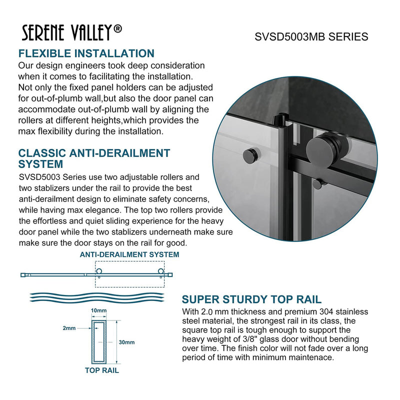 Serene Valley 48 x 74 Inch Square Rail Frameless Sliding Shower Door, Black