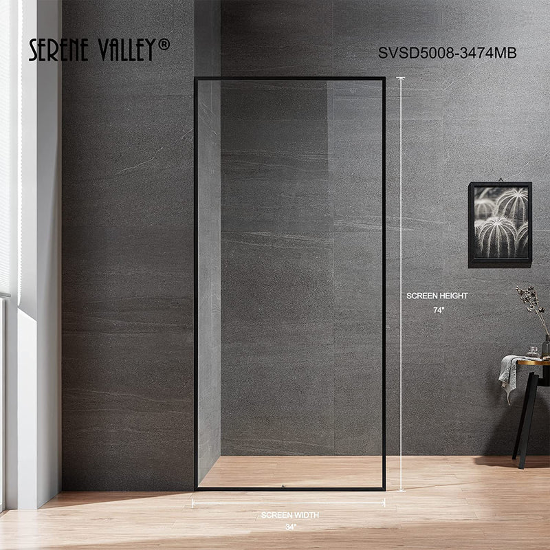Serene Valley 34 x 72 Inch Tempered Glass Stand Alone Shower Screen, Matte Black