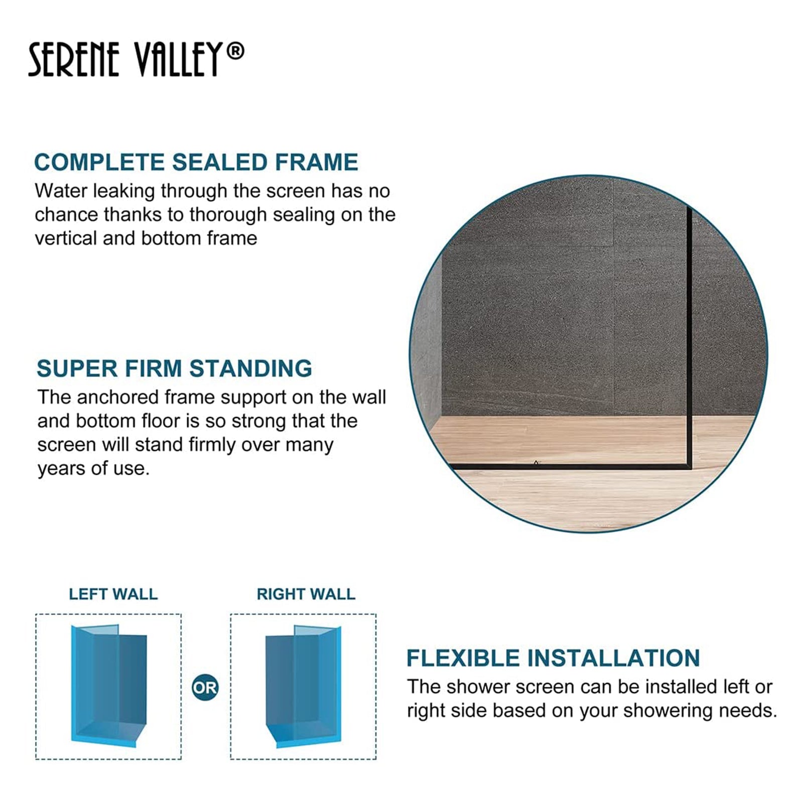 Serene Valley 34 x 72 Inch Tempered Glass Stand Alone Shower Screen, Matte Black - VMInnovations