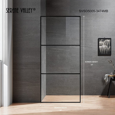 Serene Valley 34 x 72 Inch Tempered Glass Stand Alone Shower Screen, Matte Black