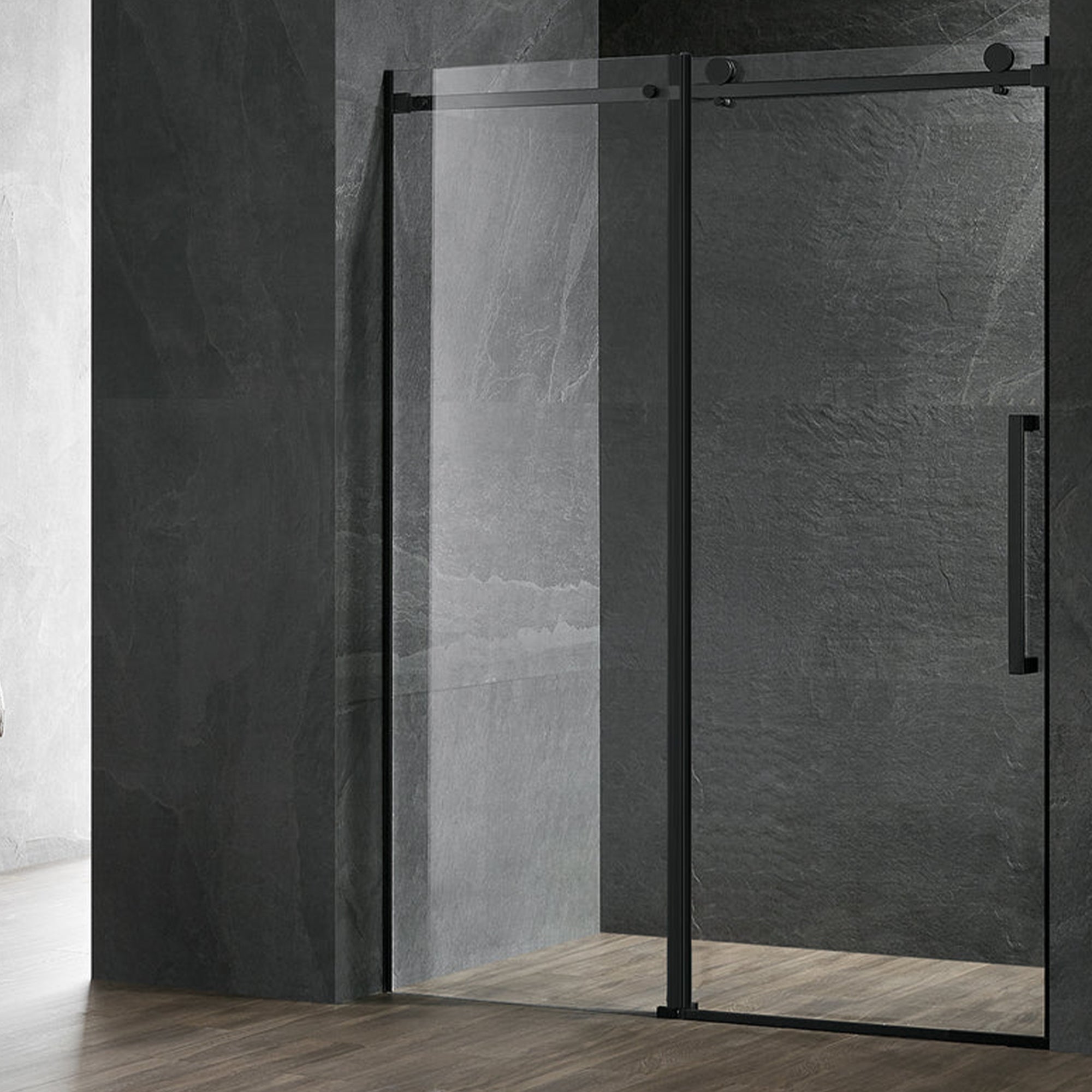Serene Valley 72 x 74 Inch Square Rail Frameless Sliding Shower Door, Black