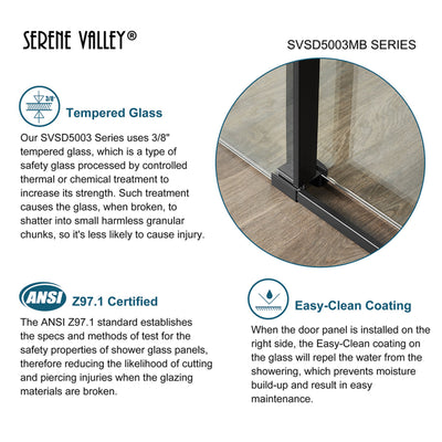 Serene Valley 56 x 74 Inch Square Rail Frameless Sliding Shower Door, Black