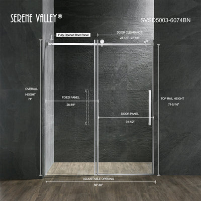 Serene Valley 60 x 74 Inch Square Rail Frameless Sliding Shower Door, Nickel