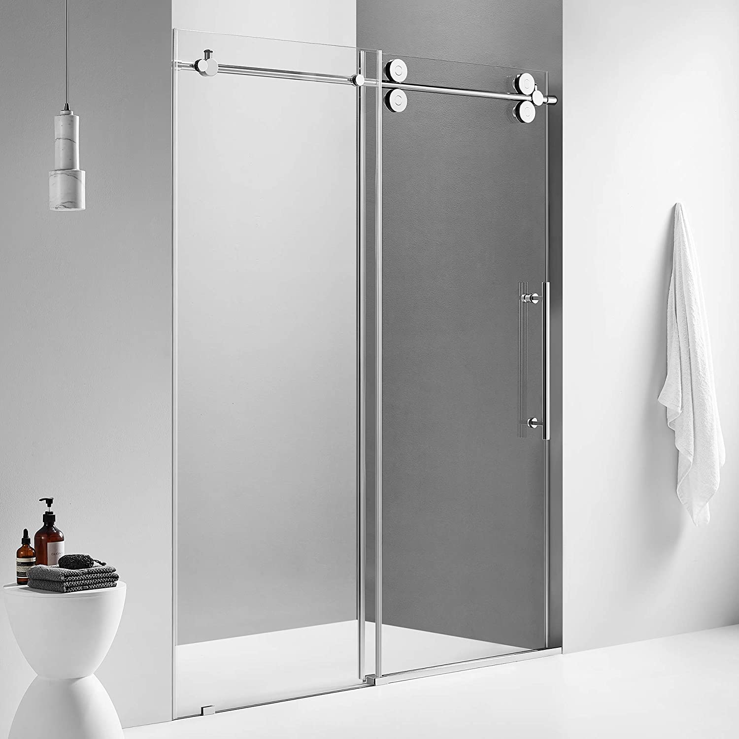 Serene Valley 60 x 74 Inch Big Roller Frameless Sliding Shower Door, Chrome