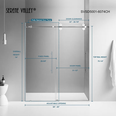 Serene Valley 60 x 74 Inch Big Roller Frameless Sliding Shower Door, Chrome