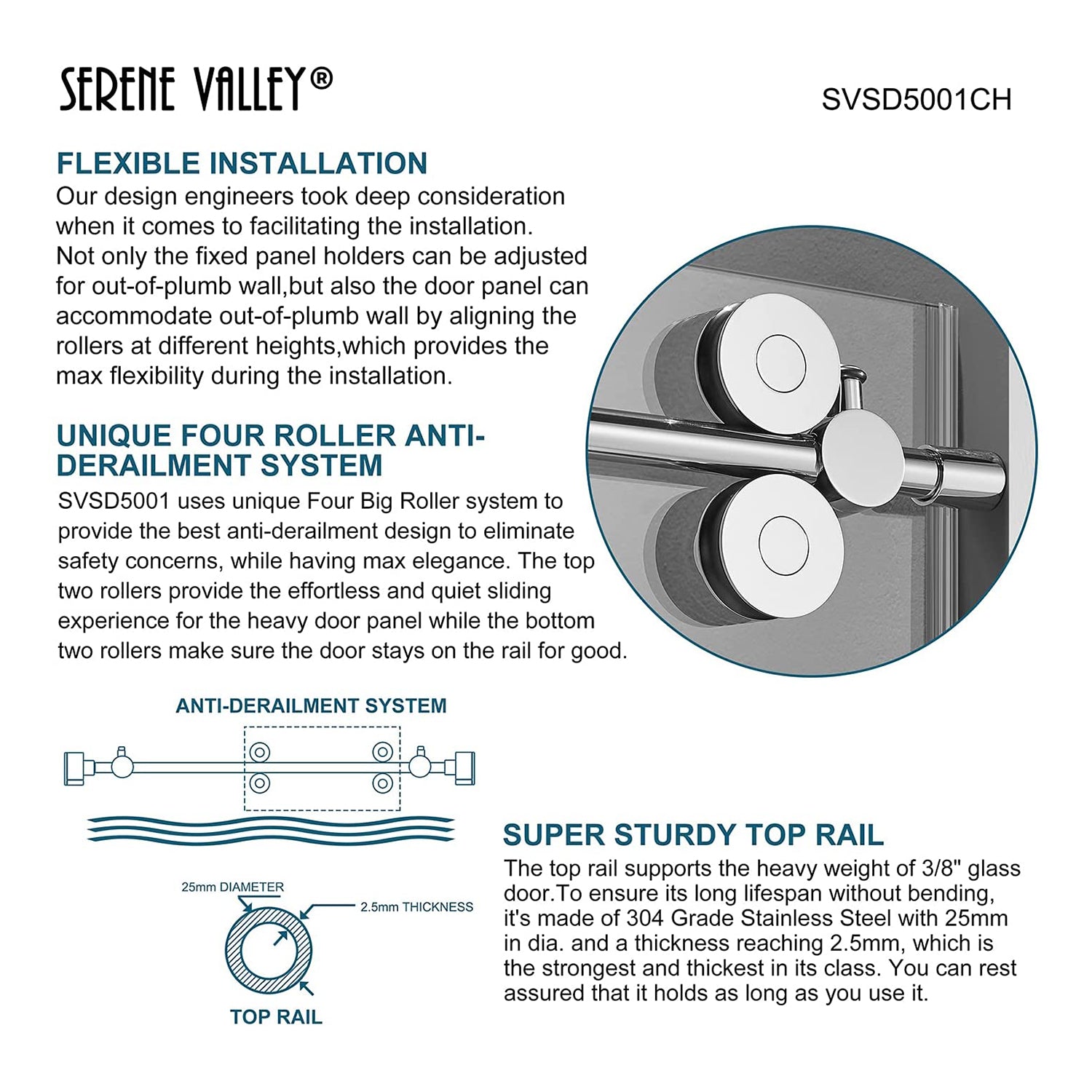 Serene Valley 60 x 74 Inch Big Roller Frameless Sliding Shower Door, Chrome