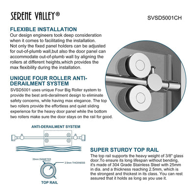 Serene Valley 60 x 74 Inch Big Roller Frameless Sliding Shower Door, Chrome