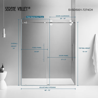 Serene Valley 72 x 74 Inch Big Roller Frameless Sliding Shower Door, Chrome