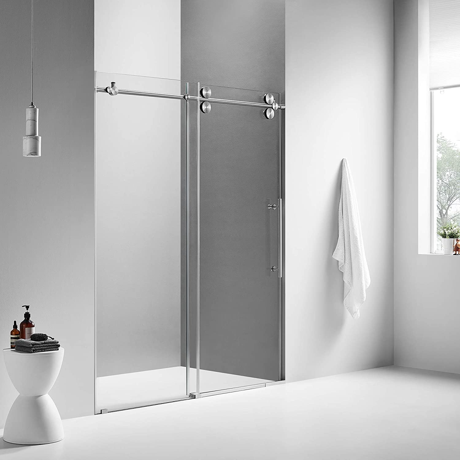 Serene Valley 72 x 74" Big Roller Frameless Sliding Shower Door, Brushed Nickel - VMInnovations