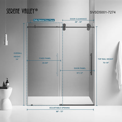 Serene Valley 72 x 74" Big Roller Frameless Sliding Shower Door, Brushed Nickel - VMInnovations