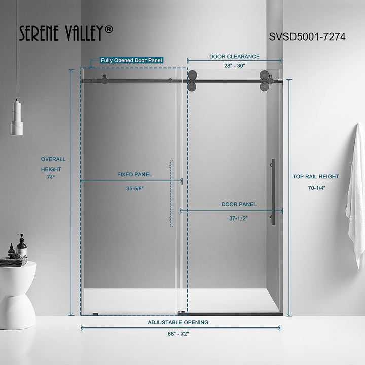 Serene Valley 72 x 74" Big Roller Frameless Sliding Shower Door, Brushed Nickel