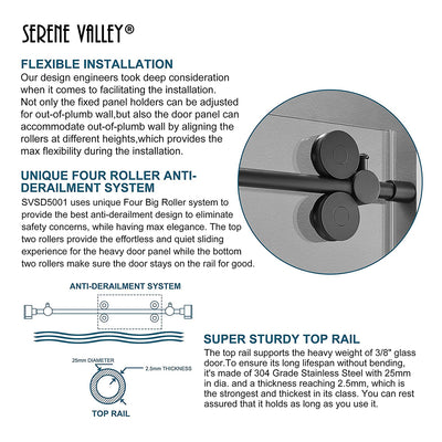 Serene Valley 72 x 74" Big Roller Frameless Sliding Shower Door, Brushed Nickel - VMInnovations