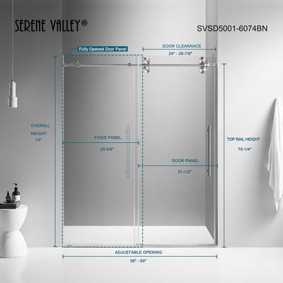 Serene Valley 60 x 74" Big Roller Frameless Sliding Shower Door, Brushed Nickel