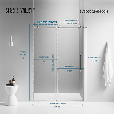 Serene Valley 60 x 66 Inch Square Rail Frameless Sliding Shower Door, Chrome