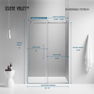 Serene Valley 72 x 76 Inch Big Roller Frameless Sliding Shower Door, (Open Box)