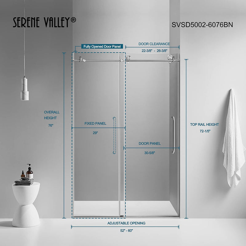 Serene Valley 60 x 66" Big Roller Frameless Sliding Shower Door, Brushed Nickel