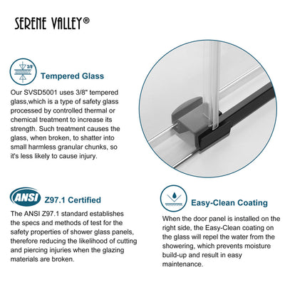 Serene Valley 48 x 74 Inch Big Roller Frameless Sliding Shower Door, Matte Black