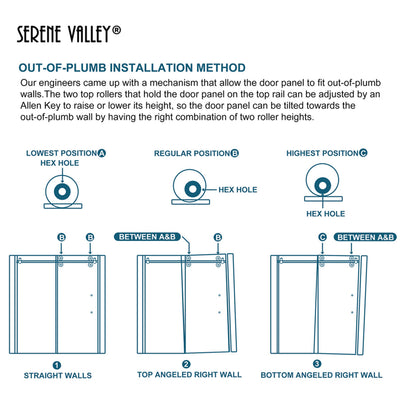 Serene Valley 48 x 74 Inch Big Roller Frameless Sliding Shower Door, Matte Black