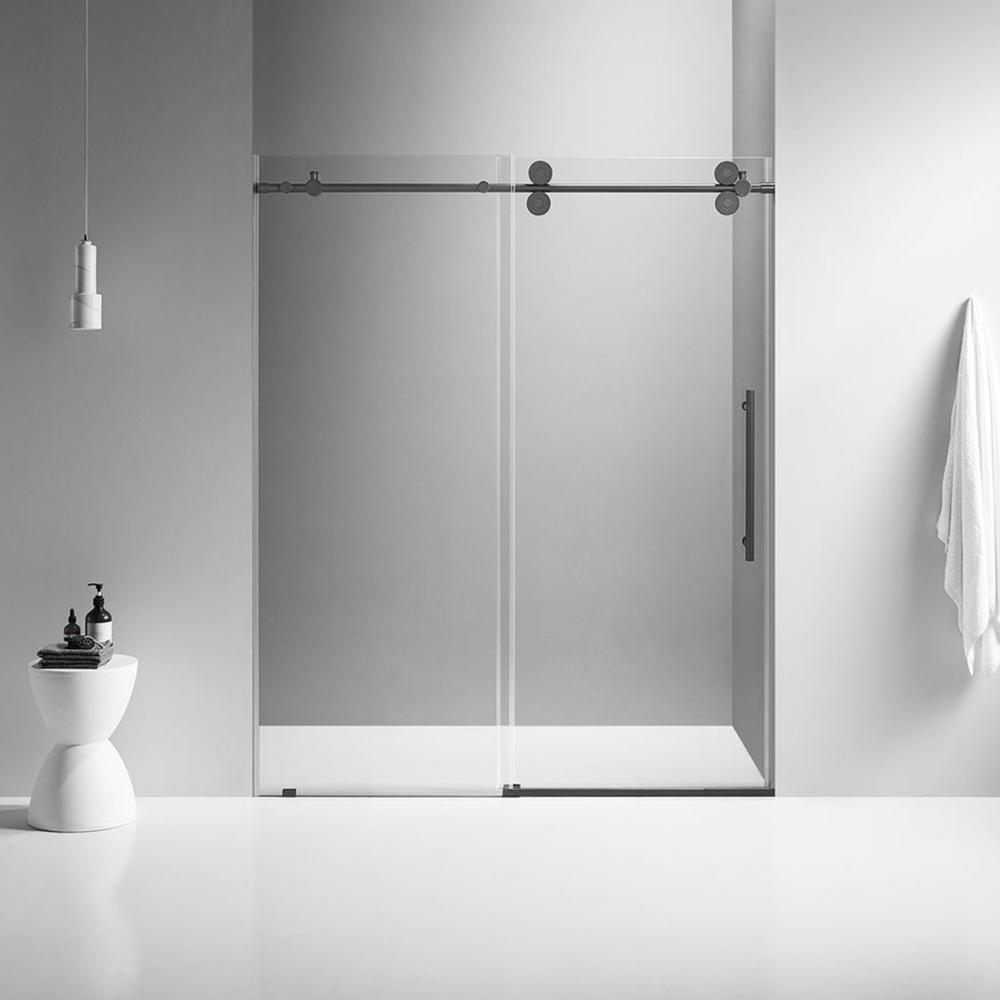 Serene Valley 48 x 74 Inch Big Roller Frameless Sliding Shower Door, Matte Black