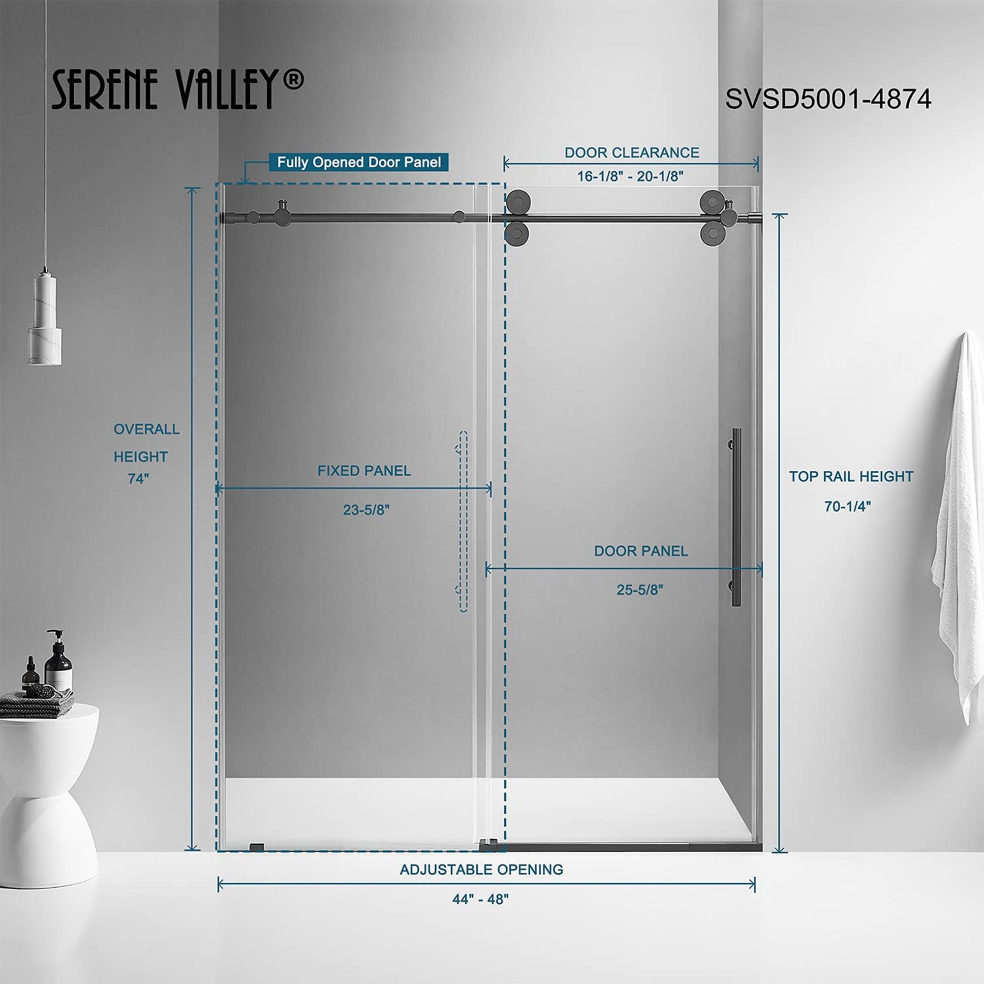 Serene Valley 56 x 74 Inch Big Roller Frameless Sliding Shower Door, Matte Black - VMInnovations