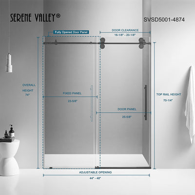 Serene Valley 56 x 74 Inch Big Roller Frameless Sliding Shower Door, Matte Black