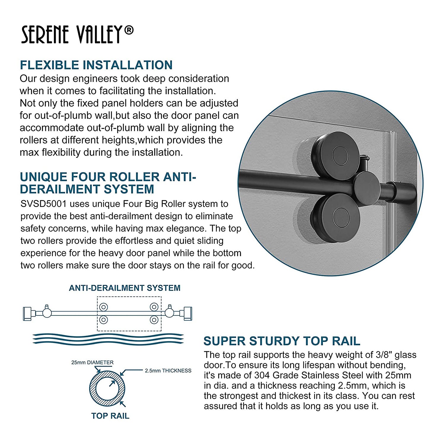 Serene Valley 60 x 74 Inch Big Roller Frameless Sliding Shower Door, Matte Black - VMInnovations