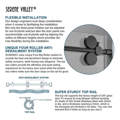 Serene Valley 60 x 74 Inch Big Roller Frameless Sliding Shower Door, Matte Black - VMInnovations