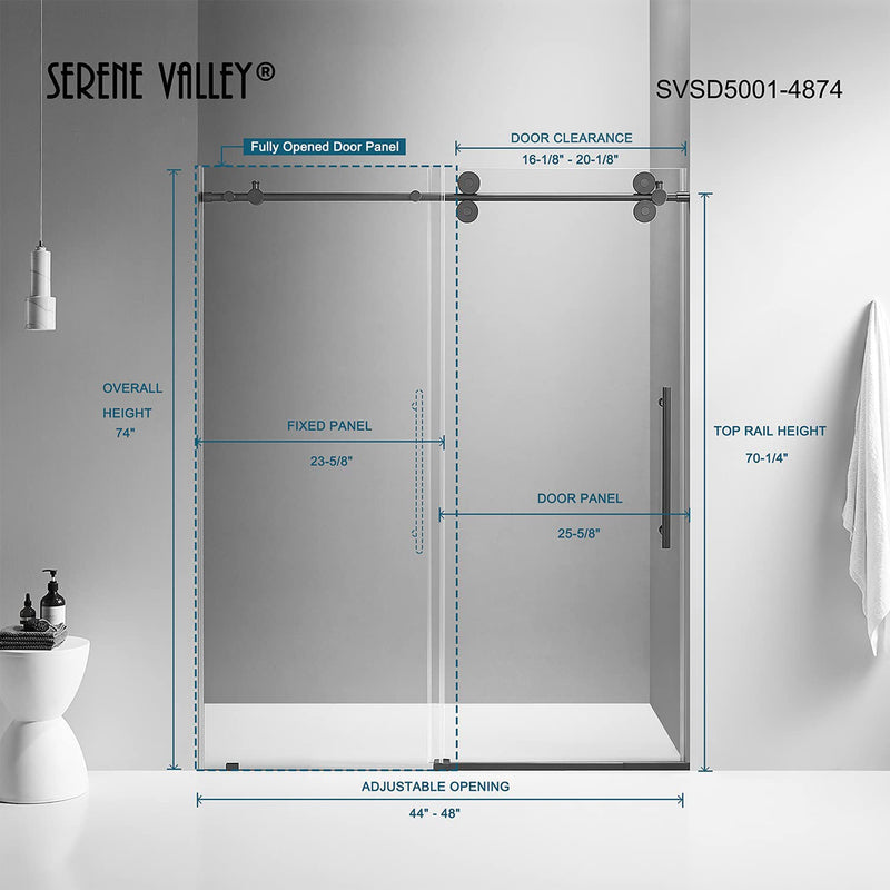 Serene Valley 52 x 74 Inch Big Roller Frameless Sliding Shower Door, Matte Black