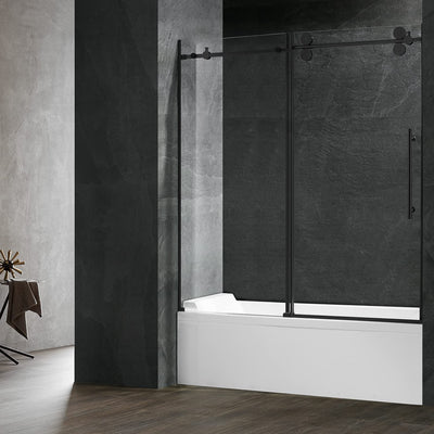 Serene Valley 60 x 66 Inch Big Roller Frameless Sliding Shower Door, Matte Black