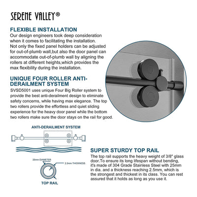 Serene Valley 60x66 Inch Big Roller Frameless Sliding Shower Door, Black (Used)
