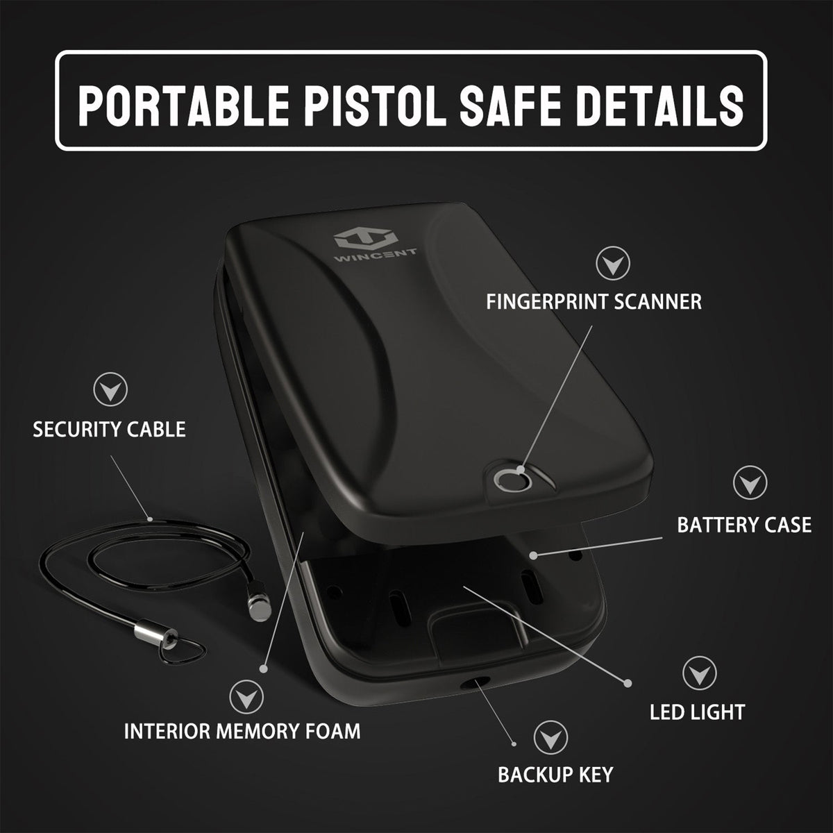 WINCENT Portable Gun Safe for Handguns with Fingerprint Scanner and LED Light - VMInnovations