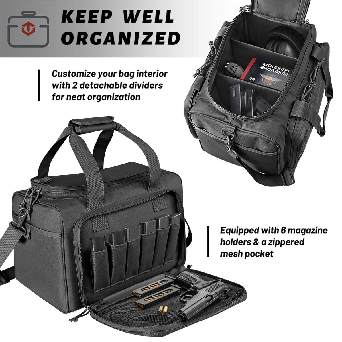 WINCENT Tactical Gun Range Bag with Magazine Slots for Handguns and Ammo, Black - VMInnovations