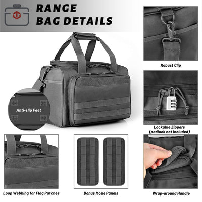 WINCENT Tactical Gun Range Bag with Magazine Slots for Handguns and Ammo, Black - VMInnovations
