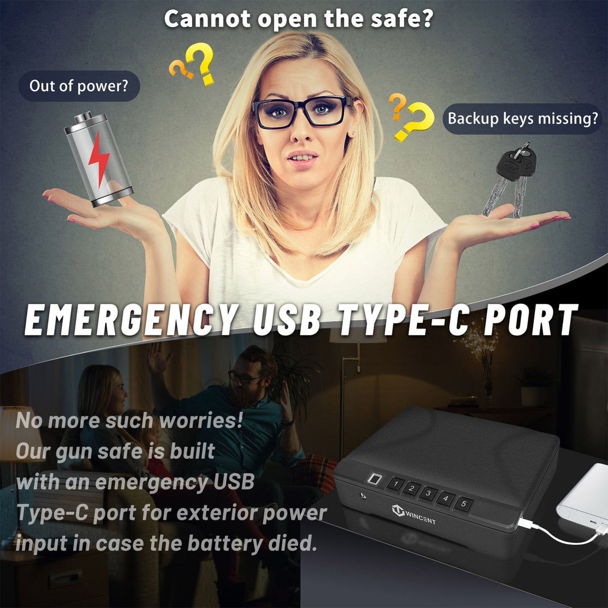 WINCENT P2BK Portable Gun Safe for Handguns with Fingerprint Scanner and LED Light - VMInnovations