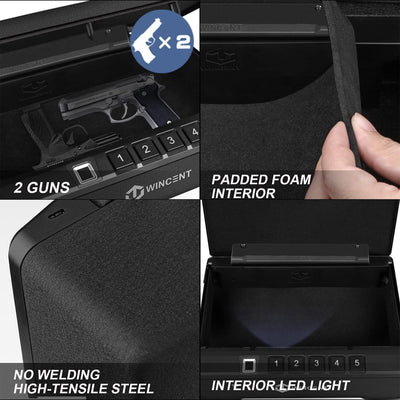 WINCENT P2BK Portable Gun Safe for Handguns with Fingerprint Scanner and LED Light - VMInnovations