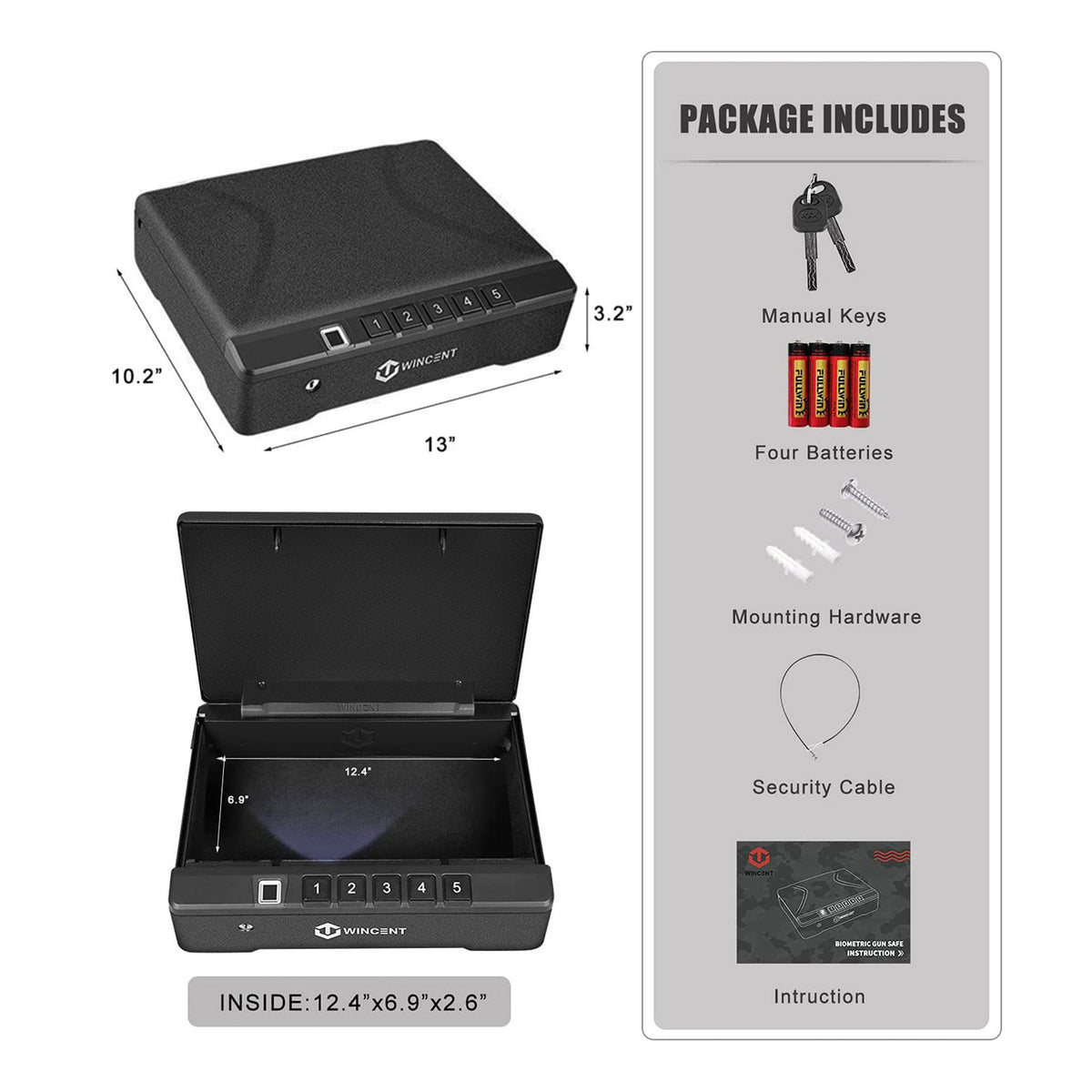 WINCENT P2BK Portable Gun Safe for Handguns with Fingerprint Scanner and LED Light - VMInnovations