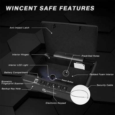 WINCENT P2BK Portable Gun Safe for Handguns with Fingerprint Scanner and LED Light - VMInnovations