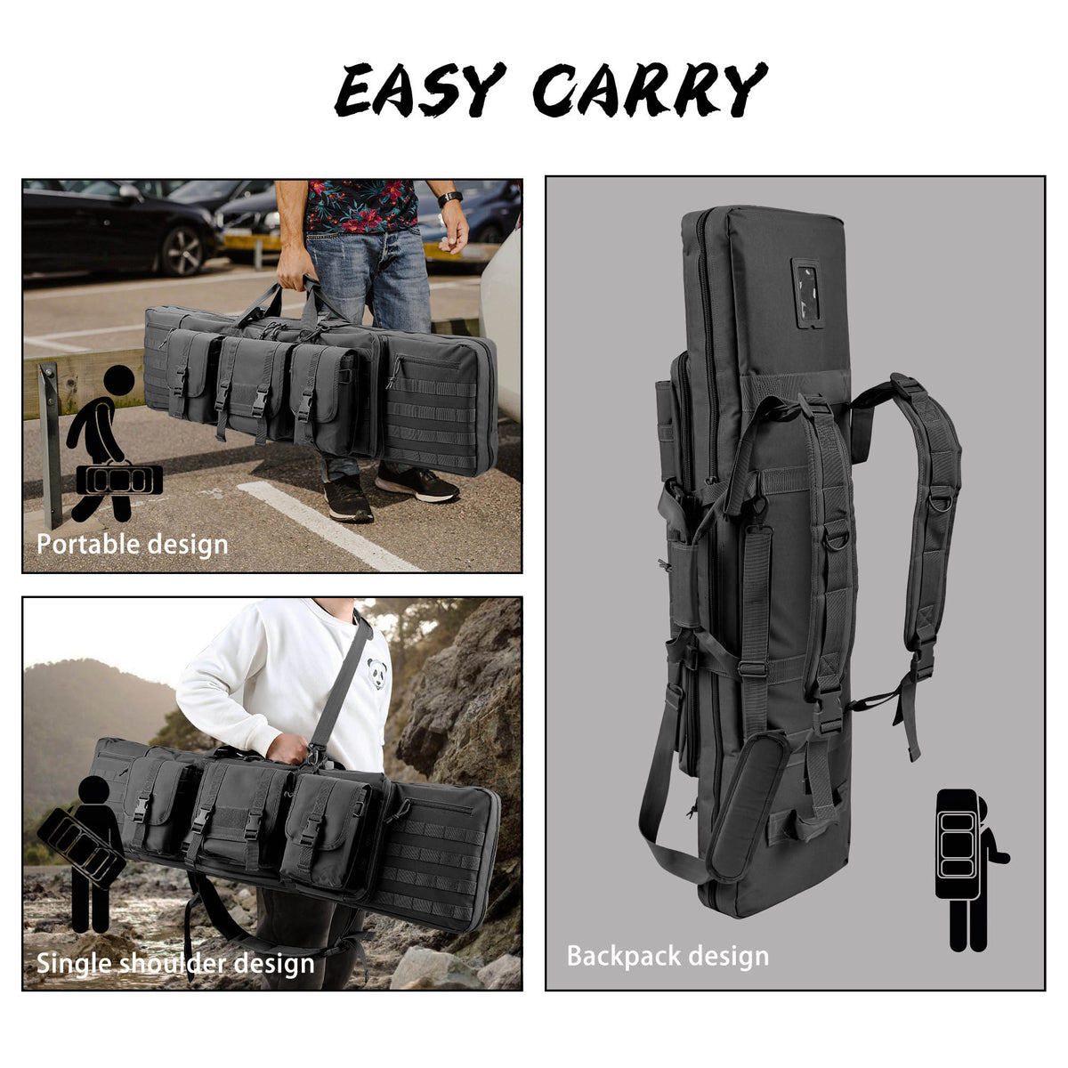 WINCENT 46 Inch Padded Tactical Double Long Rifle Bag w/ Exterior Pockets, Black - VMInnovations