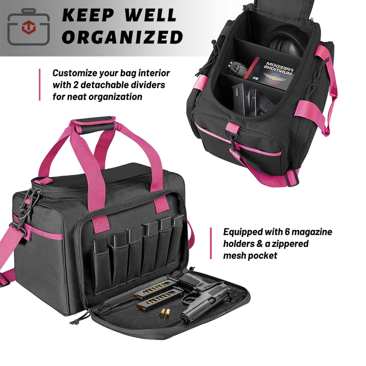 WINCENT Tactical Gun Range Bag with Magazine Slots for Handguns and Ammo, Pink - VMInnovations