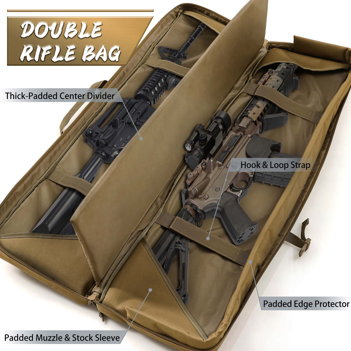 WINCENT 46 Inch Padded Tactical Double Long Rifle Bag w/ Exterior Pockets, Tan - VMInnovations