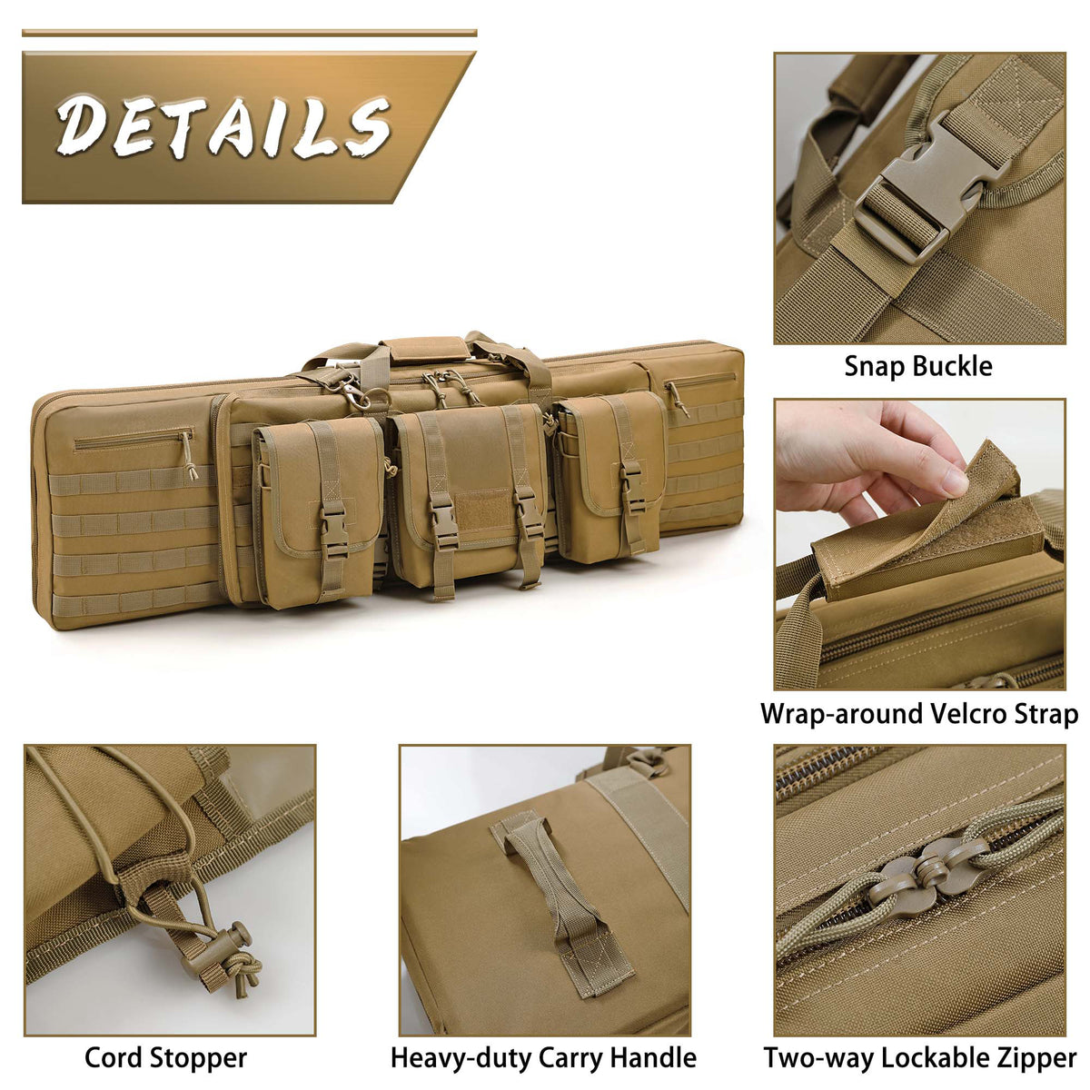 WINCENT 42 Inch Padded Tactical Double Long Rifle Bag w/ Exterior Pockets, Tan - VMInnovations