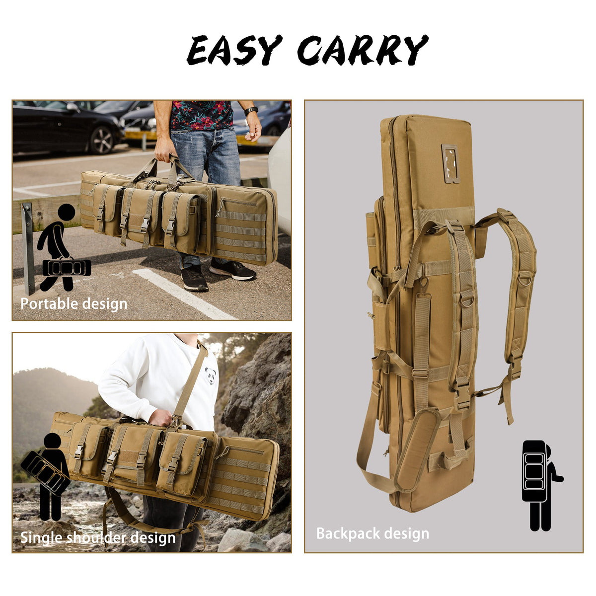 WINCENT 42 Inch Padded Tactical Double Long Rifle Bag w/ Exterior Pockets, Tan - VMInnovations