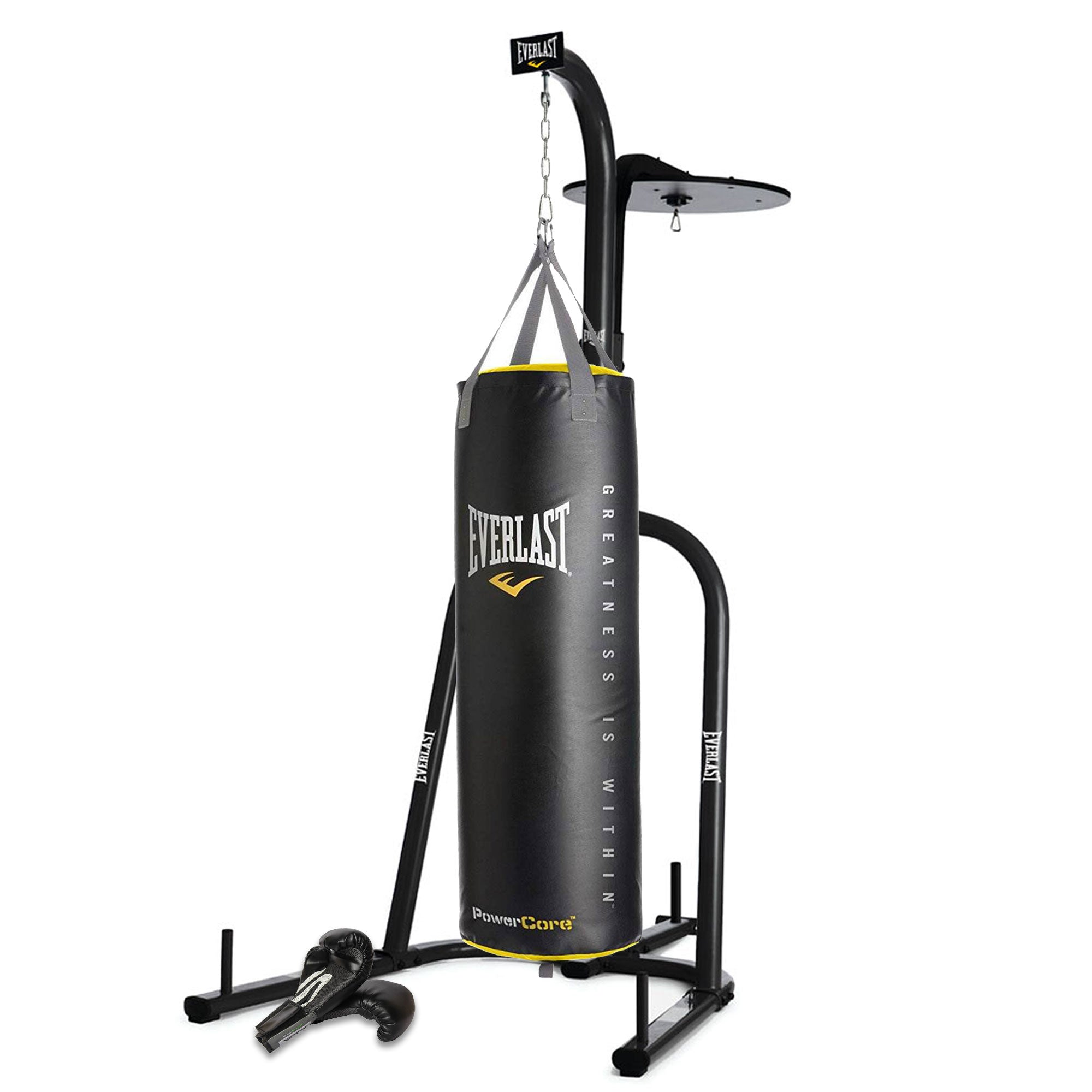 Everlast 2 Station Bag Stand, Powercore 100lb Hanging Bag, & 16 Oz Boxing Gloves